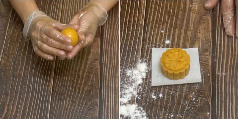 Tạo hình bánh trung thu tròn nhân vàng, ép khuôn đẹp mắt