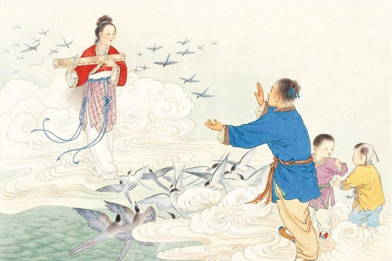 Tranh vẽ ông Ngâu, bà Ngâu gặp nhau