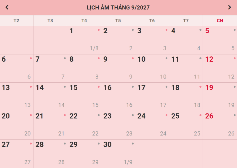 Lịch âm, lịch dương và ngày hoàng đạo, hắc đạo trong tháng 9/2027