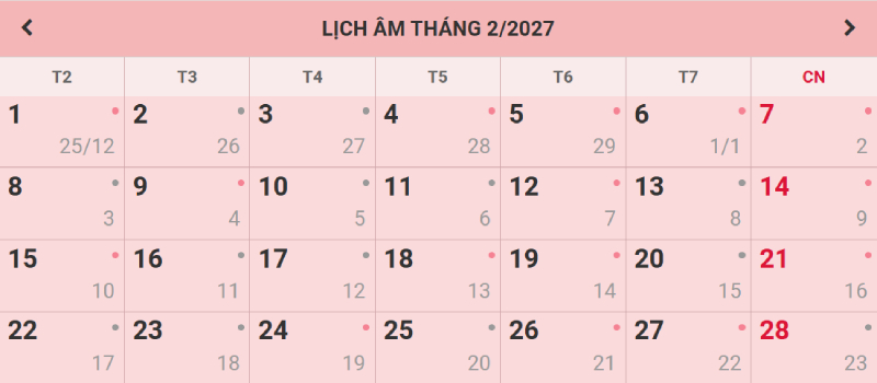 Lịch âm, lịch dương và ngày hoàng đạo, hắc đạo trong tháng 2/2027