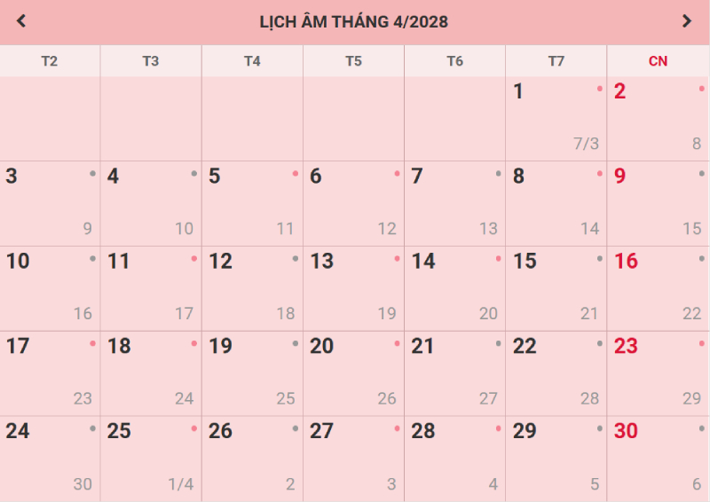 Lịch âm dương, ngày tốt xấu trong tháng 4 năm 2028