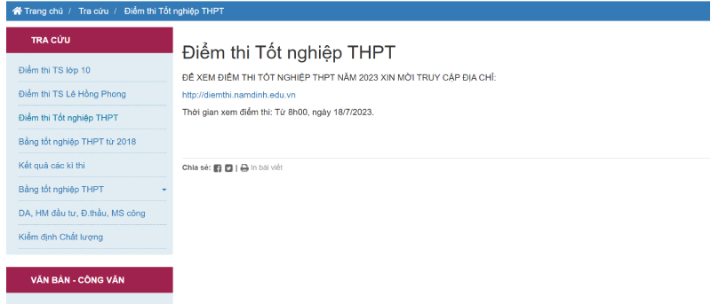 Giao diện trang web thi tốt nghiệp thpt tỉnh nam định