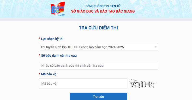 Giao diện trang web tra cứu điểm thi của tỉnh bắc giang
