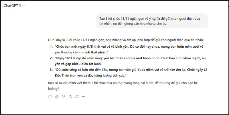 Giao diện ChatGPT tạo lời chúc 11/11 ngắn gọn, nhẹ nhàng và ấm áp