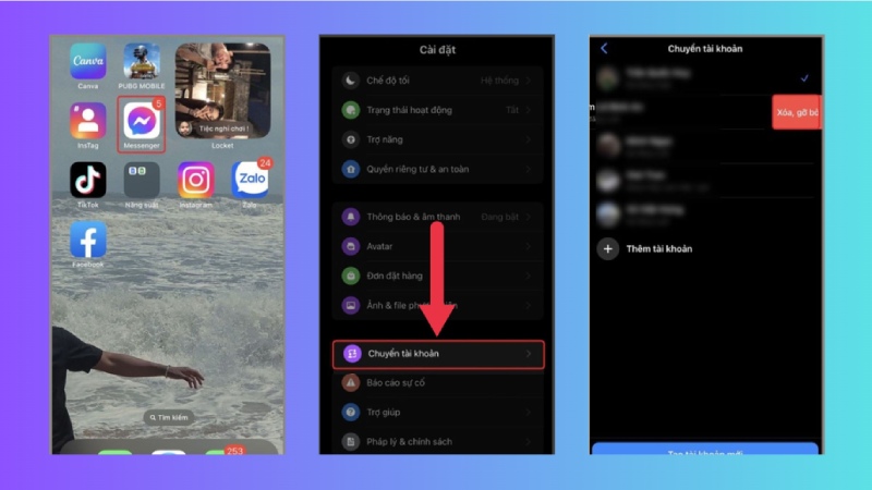 Vào mục Chuyển tài khoản để xử lý lỗi gỡ Messenger