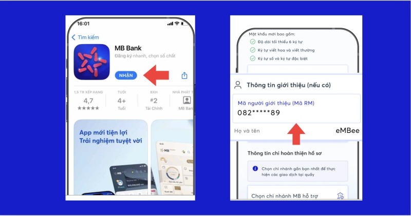 Tải ứng dụng MB Bank và nhập mã giới thiệu để nhận thưởng ưu đãi cho người dùng mới