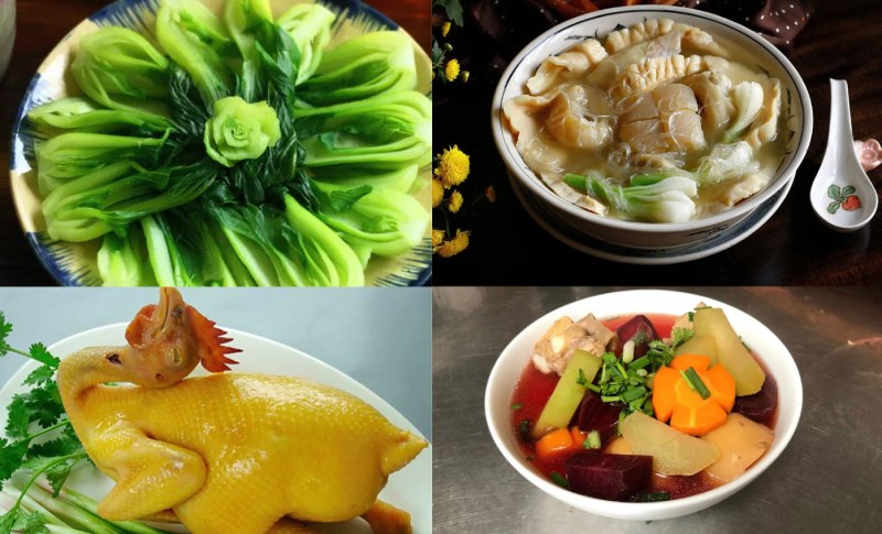 Mâm cỗ cúng 23 tết gồm gà luộc, rau luộc, canh miến, canh củ