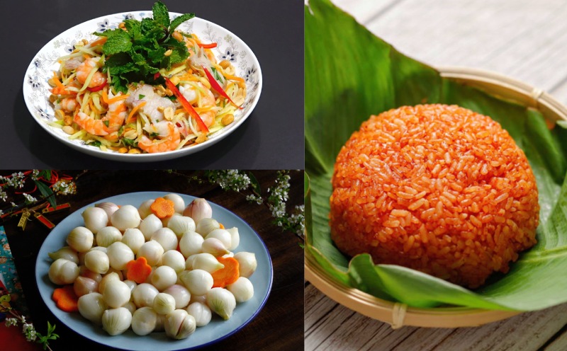 Mâm cỗ cúng hóa vàng có các món xôi gấc, dưa hành muối, gỏi