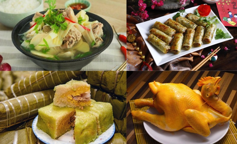 Mâm cỗ cúng gồm gà luộc, bánh chưng, chả giò, canh măng