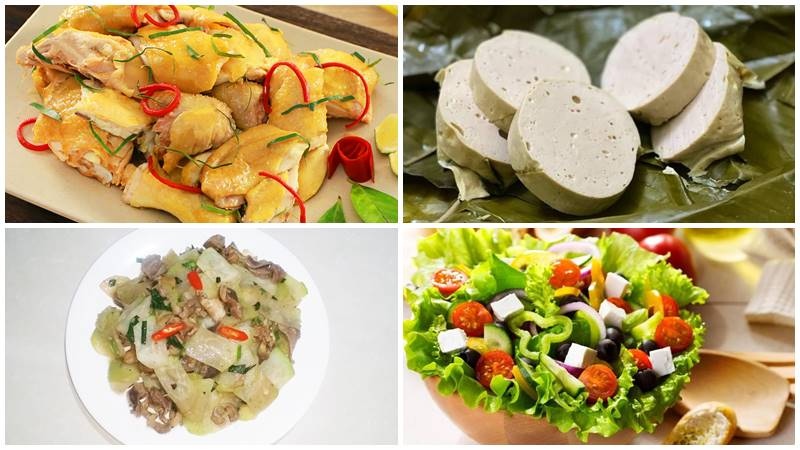 Mâm cỗ ngày tết miền Bắc gồm gà luộc, giò lụa, su hào xào gà, salad rau củ