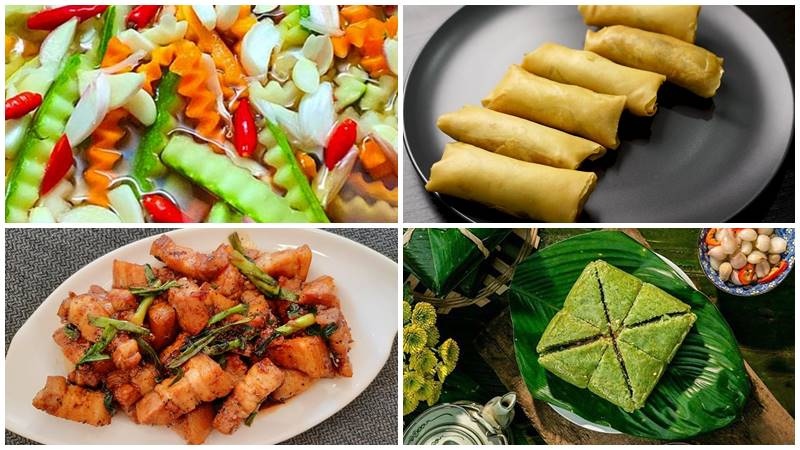 Thực đơn mâm cỗ ngày Tết của người Bắc gồm bánh chung, chả giò gà, thịt rang cháy cạnh