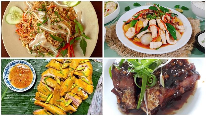 Mâm cỗ ngày Tết của người Bắc gồm gà hấp muối, nộm chuối tai heo, mực xào chua ngọt