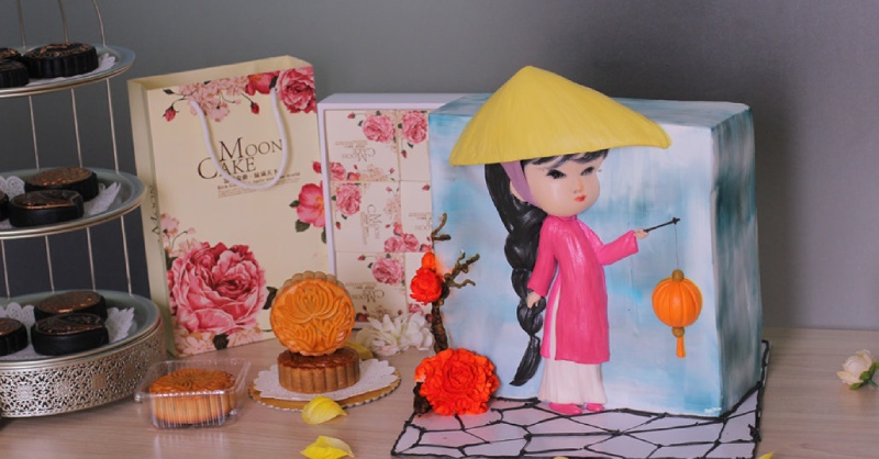 Bánh kem Trung Thu tạo hình cô gái mặc áo dài đội nón lá