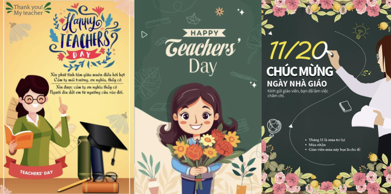 Bộ poster tri ân cô giáo 20/11 với hình ảnh sách, bảng phấn và hoa
