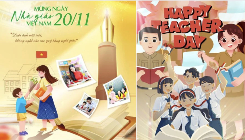 Mẫu poster 20/11 sáng tạo tông vàng ấm, biểu tượng ngòi bút