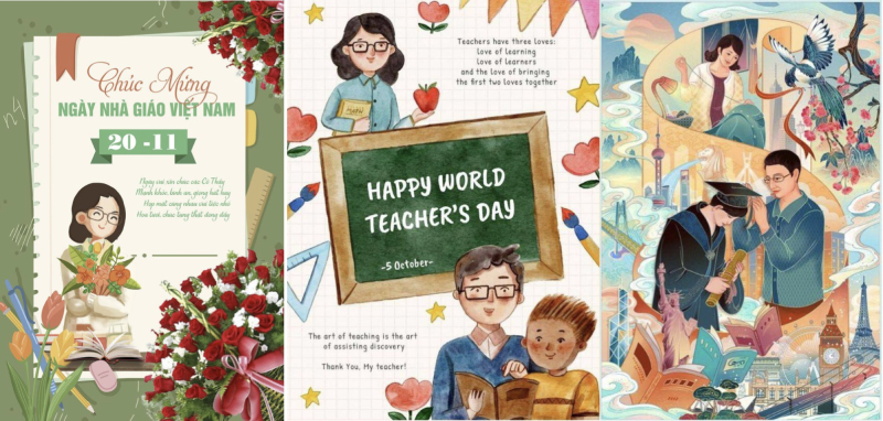 Bộ ba poster chúc mừng 20/11 với hình ảnh thầy cô, học sinh và hoa tươi