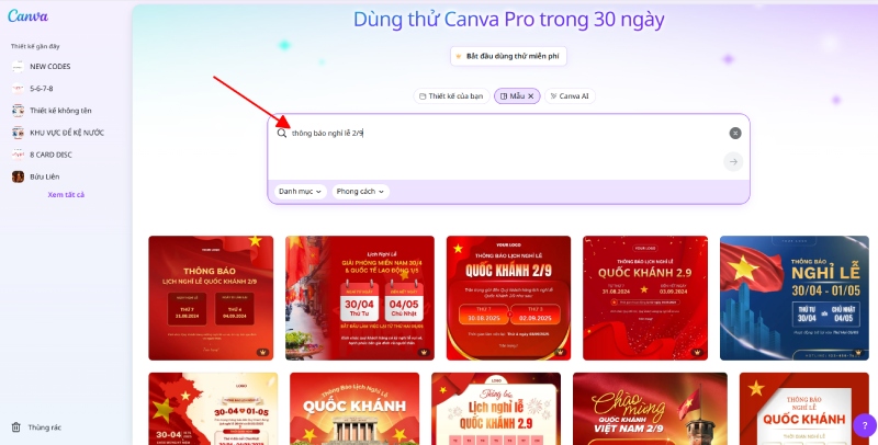 tìm kiếm từ khóa và chọn mẫu trên canva