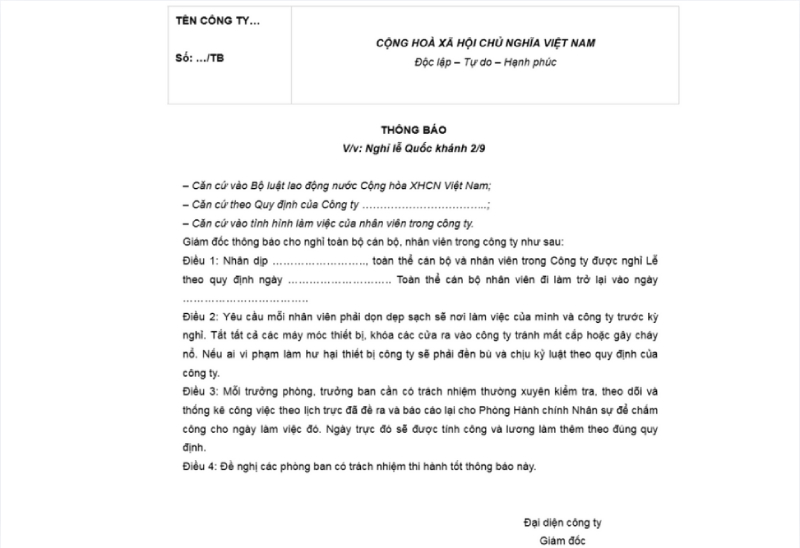 Mẫu thông báo nghỉ lễ Quốc khánh 2/9 cho doanh nghiệp