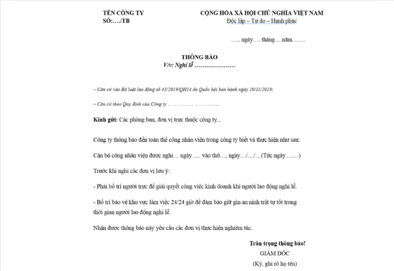 Thông báo nghỉ lễ 2/9 áp dụng cho toàn thể nhân viên
