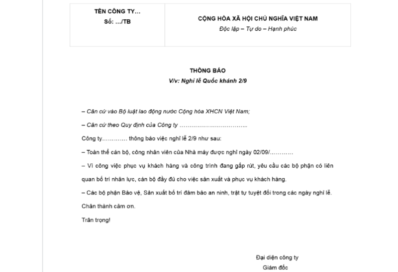 Mẫu thông báo lịch nghỉ Quốc khánh 2/9 dành cho doanh nghiệp 3