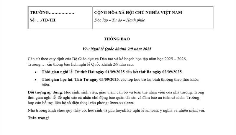 Thông báo nghỉ lễ Quốc khánh 2/9 năm 2025 cho trường học