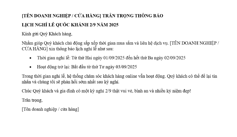 Doanh nghiệp, cửa hàng thông báo lịch nghỉ lễ Quốc khánh 2/9