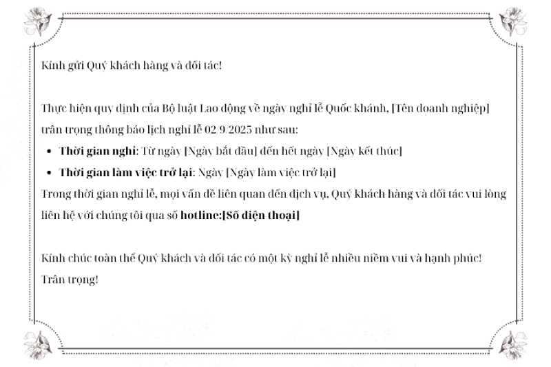 Thông báo nghỉ lễ Quốc khánh gửi khách hàng và đối tác qua email