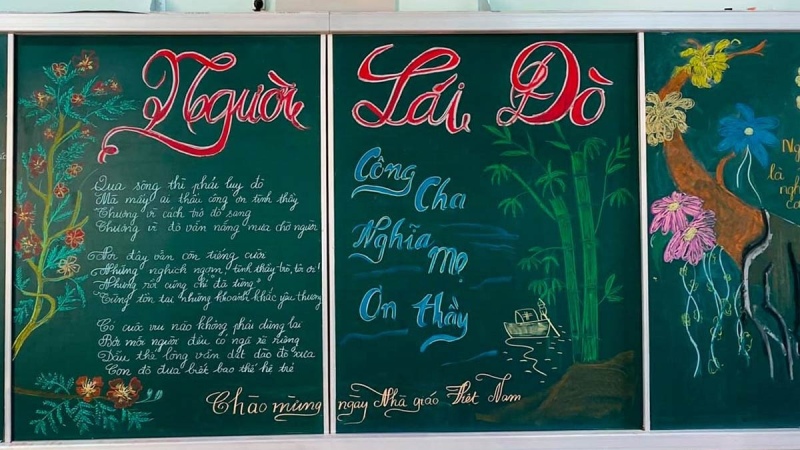 Mẫu trang trí bảng lớp học chủ đề hoa và thư pháp ấn tượng