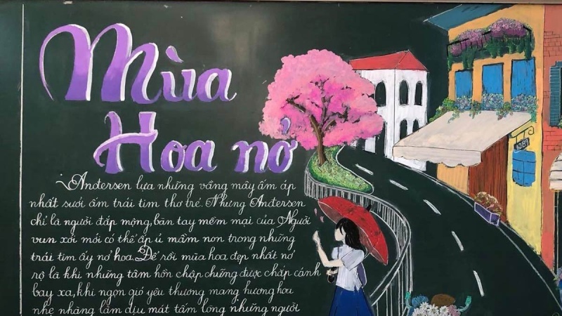Mẫu trang trí bảng 20/11 với hoa và thư pháp đơn giản