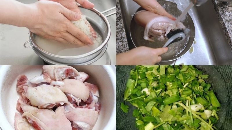 Sơ chế gạo, giò heo và rau thơm