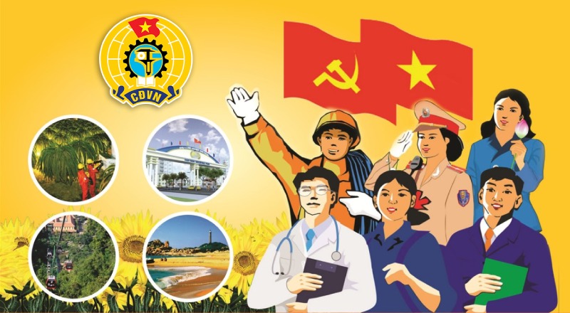 Hình ảnh các ngành nghề và biểu tượng công đoàn Việt Nam với nền cờ đỏ sao vàng