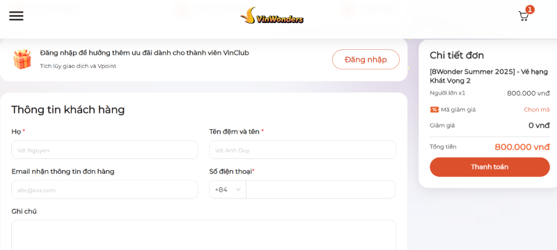 Điền thông tin cá nhân để đặt vé