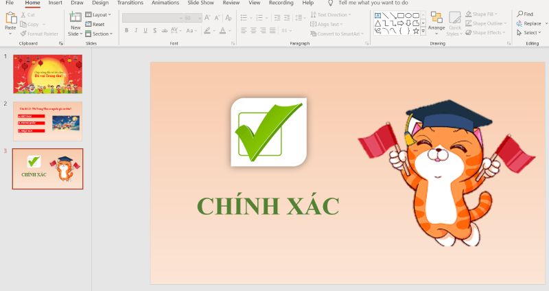 Tạo slide đáp án đúng với biểu tượng dấu tích xanh