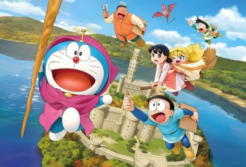 Doraemon và những người bạn dùng chong chóng tre bay trên bầu trời