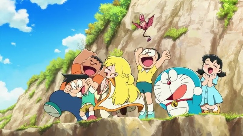 Các nhân vật hoạt hình trong phim Doraemon vui vẻ khi đi chơi
