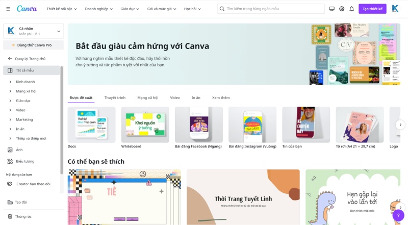 Giao diện Canva hiển thị các mẫu thiết kế đa dạng hỗ trợ sử dụng phím tắt hiệu quả