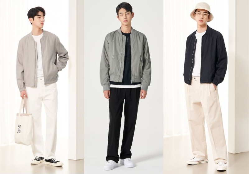 Áo khoác bomber phối với quần kaki cho nam