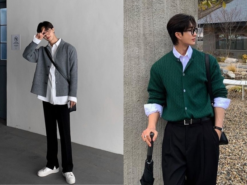 Áo khóa cardigan phối với áo sơ mi cho nam
