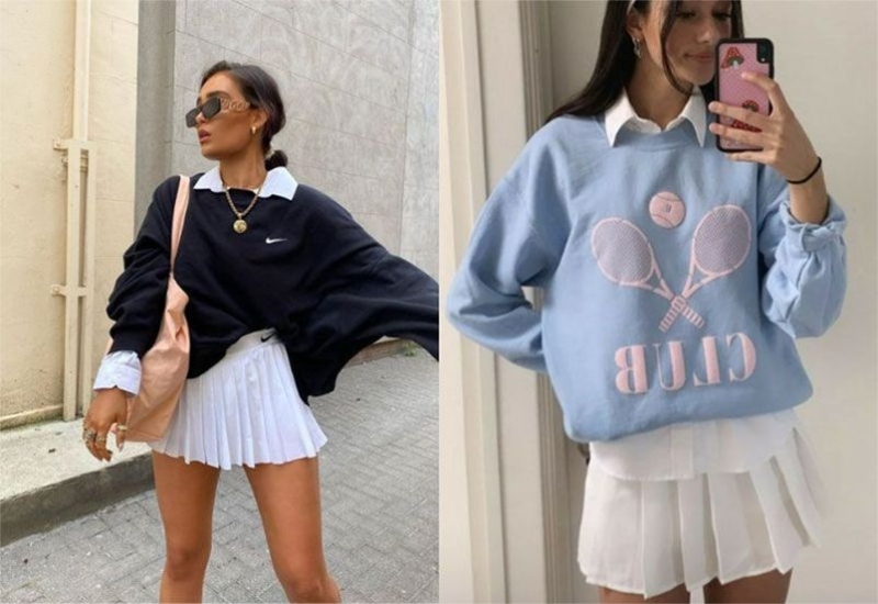 Áo sweater cùng chân váy ngắn
