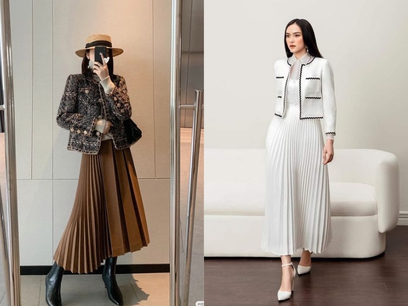 Chân váy dài mix áo khoác dạ