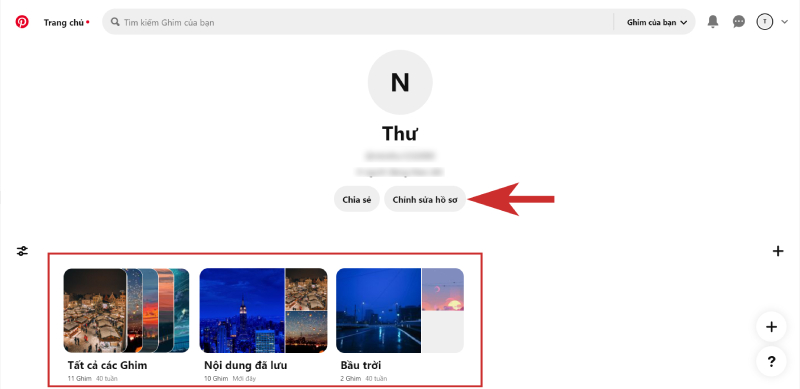 Giao diện hồ sơ người dùng và bảng Ghim trên Pinterest