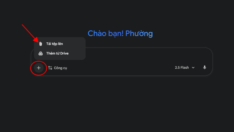 Giao diện Gemini hiển thị thao tác tải tệp ảnh lên
