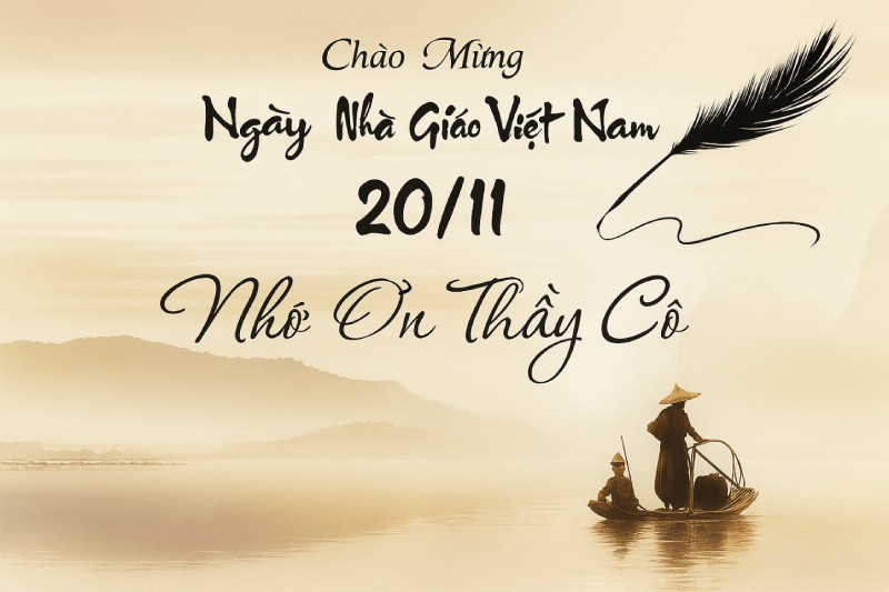 Thiệp chúc mừng với họa tiết bút lông và lọ mực chúc mừng Ngày Nhà giáo