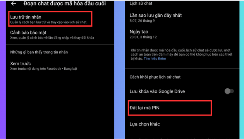 Truy cập Lưu trữ tin nhắn và chọn Đặt lại mã PIN Messenger