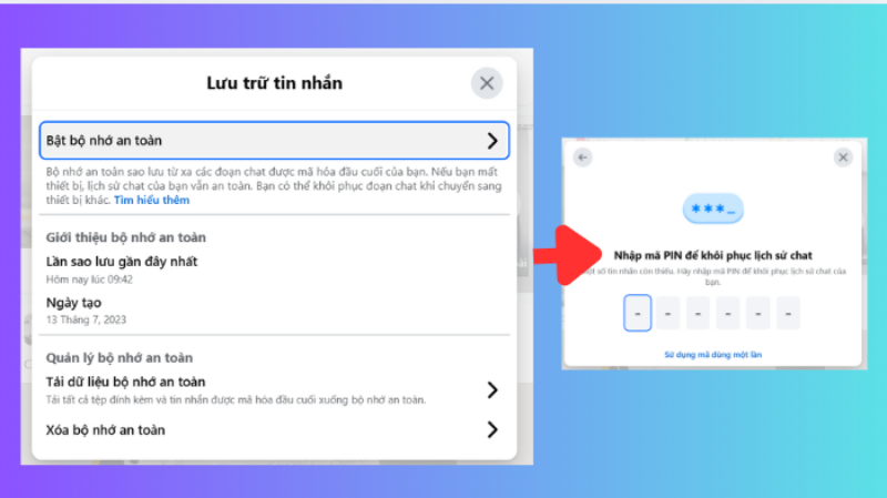 Bật bộ nhớ an toàn và nhập mã PIN để khôi phục trò chuyện