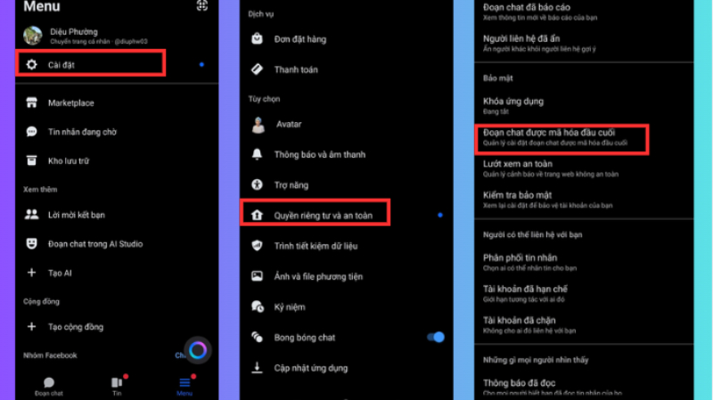 Vào Cài đặt Messenger, chọn Quyền riêng tư và Đoạn chat mã hóa