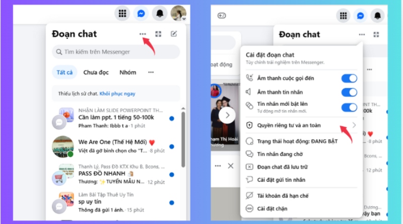 Nhấp ba chấm trong chat Facebook và mở Quyền riêng tư