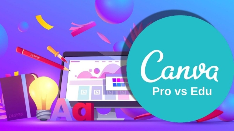 Canva Pro vs Canva Edu hiển thị trên giao diện laptop với màu sắc sáng tạo hiện đại