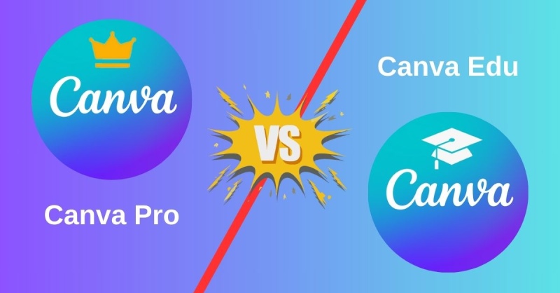 Biểu tượng Canva Pro và Canva Edu đối diện nhau với chữ VS ở giữa, minh họa so sánh hai phiên bản