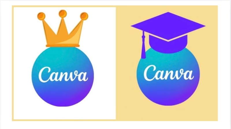 Canva Pro và Canva Edu đặt cạnh nhau với màu tím xanh, gợi ý lựa chọn giữa hai phiên bản
